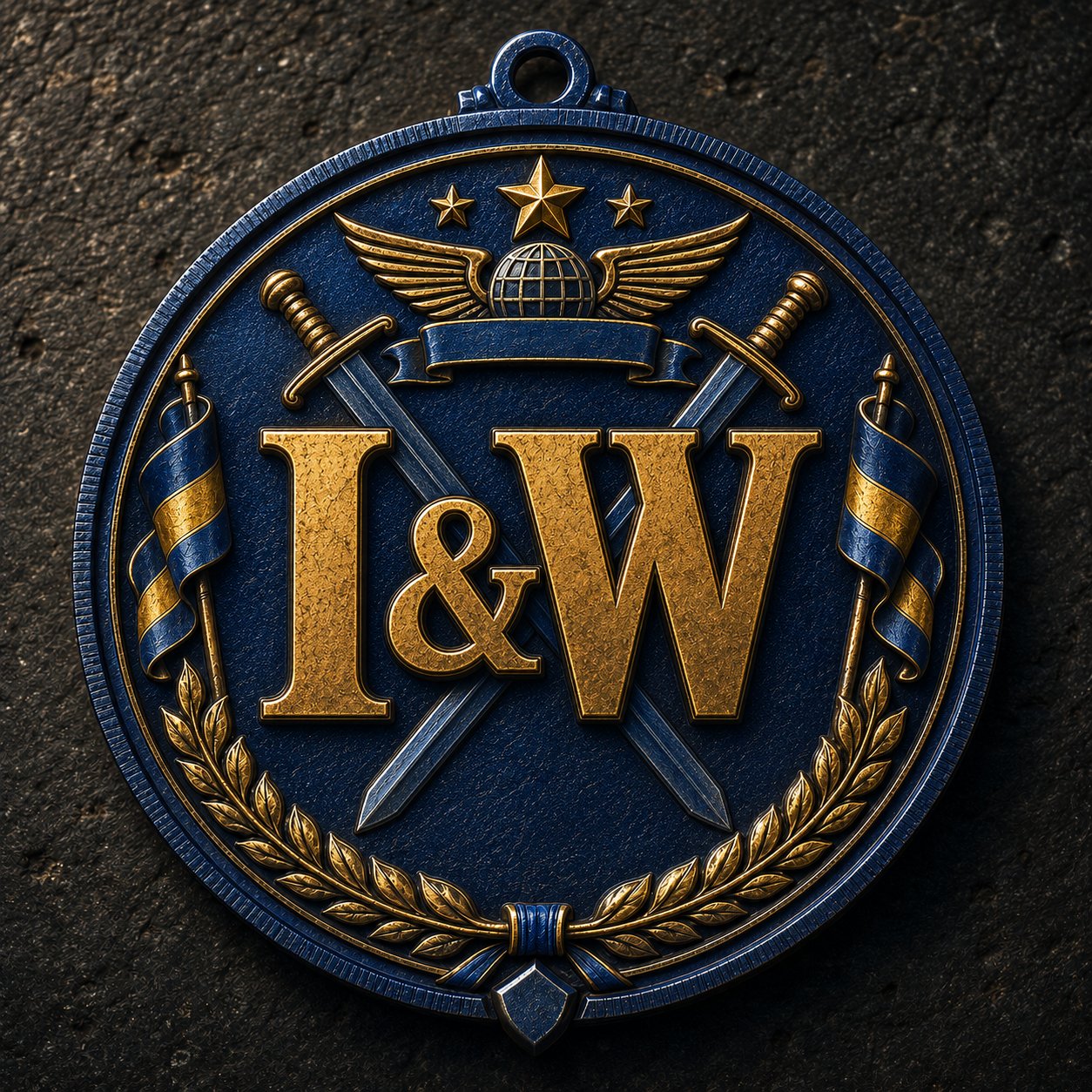 Indications & Warnings challenge coin: cobalt-blue field with monumental glistening-gold I&W monogram, crossed swords, eagle, stars banner, gridded globe, laurel wreath, and blue-and-gold side banners — Ukrainian heritage carried in the gold-on-blue register