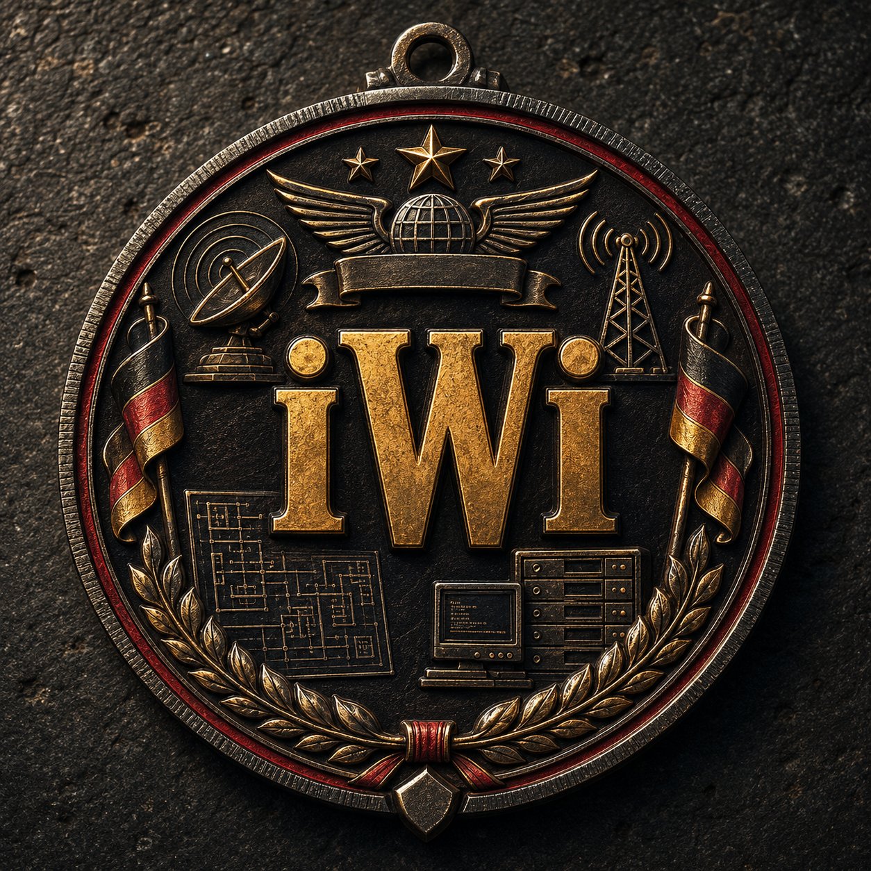 iWi reverse-side challenge coin: monumental gold iWi monogram on a black field, framed by a red accent ring, with embossed radar, radio mast, schematic plans, and computer motifs in the four field quadrants; black-red-gold German tricolour banners on each side; gold eagle and globe at the top; laurel wreath at the foot